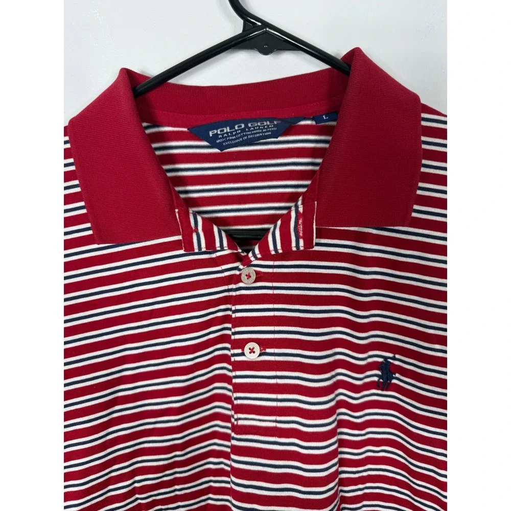 Polo Golf‎ Ralph Lauren Mens Large Red White Blue Striped Pima Cotton Polo Shirt